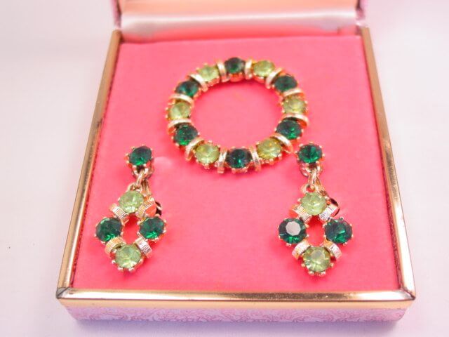Lime Green and Green Rhinestone Camelot Circle Pin and Earrings Set - Image 2