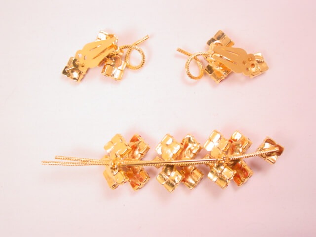 Magenta and Pink Rhinestone Branch Pin and Earrings Set - Image 2