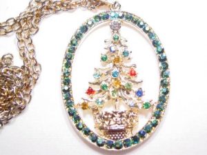 Multi-Color Rhinestone Christmas Tree in Oval Necklace