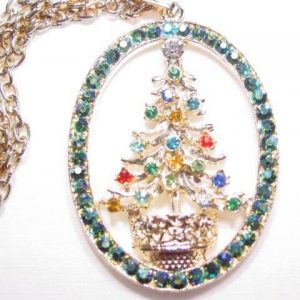 Multi-Color Rhinestone Christmas Tree in Oval Necklace