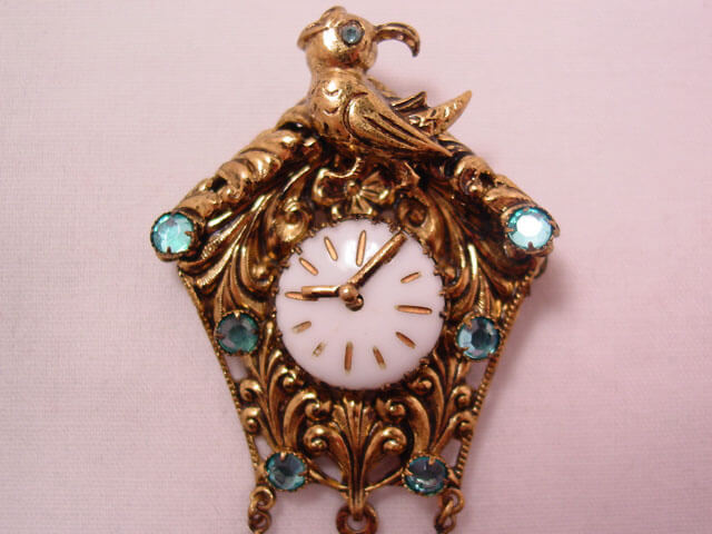 Czechoslovakian Cuckoo Clock with Aqua Rhinestones Pin - Image 2