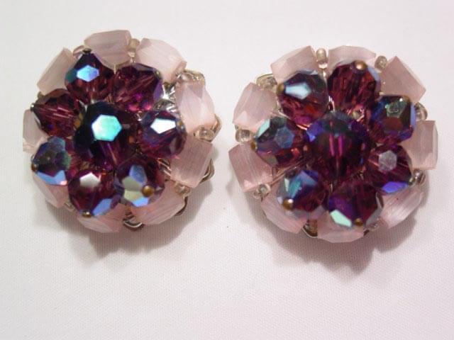Fantastic Purple Aurora Borealis and Pink Satin Glass Necklace and Earrings Set - Image 2