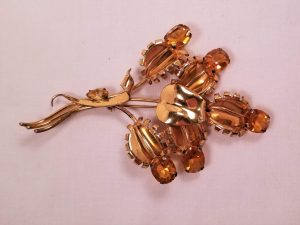 Sterling and Gold Overlay Bouquet Pin with Topaz-Colored Rhinestones