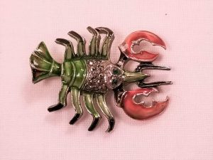 Marcasite and Green and Peach Enamel Lobster Pin