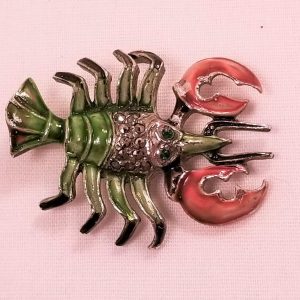 Marcasite and Green and Peach Enamel Lobster Pin