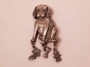 Spoon Pewter Dog Pin with Dangling Charms