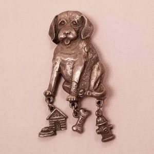 Spoon Pewter Dog Pin with Dangling Charms