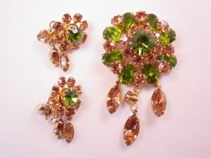 Coro Olive and Brown Rhinestone Pin and Earrings Set