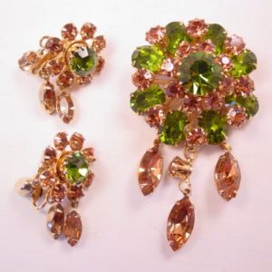 Coro Olive and Brown Rhinestone Pin and Earrings Set