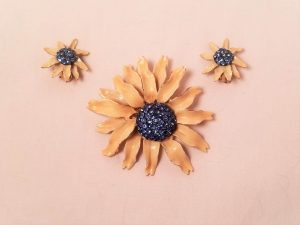 B.S.K. Tan and Dark Blue Rhinestone Flower Pin and Earrings
