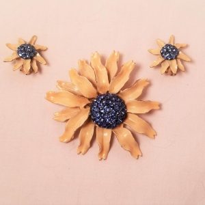 B.S.K. Tan and Dark Blue Rhinestone Flower Pin and Earrings