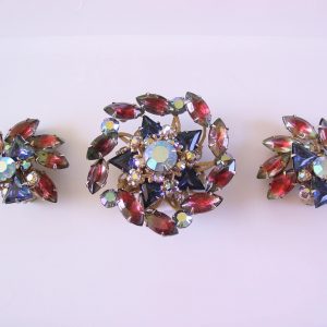 Cranberry and Blue Triangles Rhinestone Pin and Earrings Set