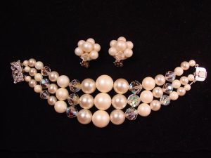 3-Strand Pearl and Aurora Borealis Bracelet and Earrings