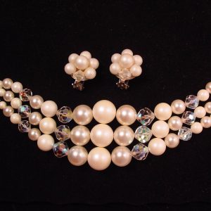 3-Strand Pearl and Aurora Borealis Bracelet and Earrings