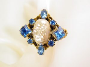 Fancy Imitation Pearl and Blue Rhinestone Ring