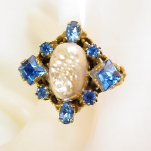 Fancy Imitation Pearl and Blue Rhinestone Ring