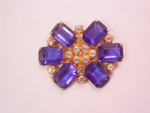 Signed Giant Blue Plastic Rhinestone Pot Metal Pin