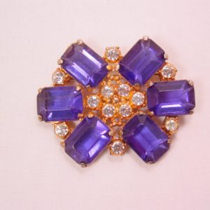 Signed Giant Blue Plastic Rhinestone Pot Metal Pin