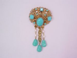Goldtone Filigree and Turquoise Glass German Brooch