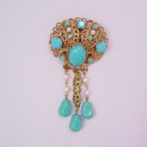 Goldtone Filigree and Turquoise Glass German Brooch
