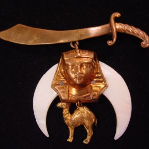 OLD Egyptian Sword, King Tut, Camel and Mother of Pearl Crescent Pin