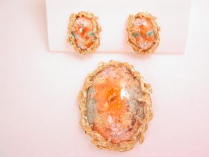 Elizabeth Morrey Orange Stippled Easter Egg Pin/Pendant and Earrings Set