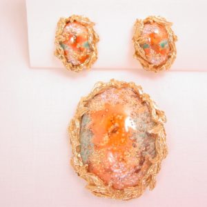 Elizabeth Morrey Orange Stippled Easter Egg Pin/Pendant and Earrings Set