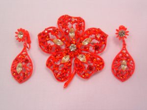 Fluorescent Orange Floral Pin and Earrings