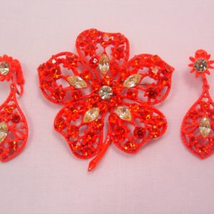 Fluorescent Orange Floral Pin and Earrings