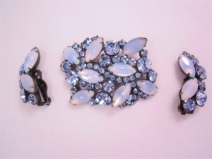Opalescent and Ice Blue Rhinestone Pin and Earring Set