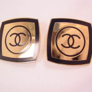 Chanel Square Goldtone and Black Enamel Earrings