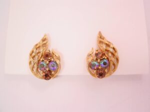 Brown Rhinestone and Woven Goldtone Lisner Earrings
