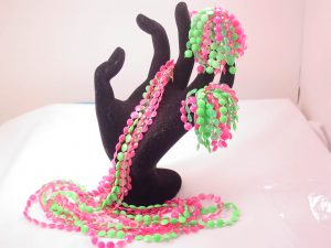 Festive Bright Pink and Green Light Plastic Hong Kong Necklace and Earrings Set