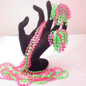 Festive Bright Pink and Green Light Plastic Hong Kong Necklace and Earrings Set