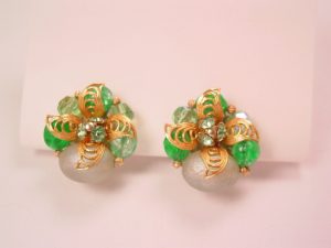 Green Bead and Rhinestone and Goldtone Leaf Earrings