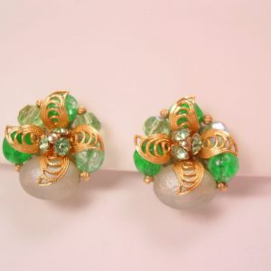 Green Bead and Rhinestone and Goldtone Leaf Earrings