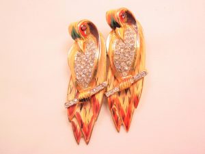 Sterling Coro Craft Duette Enameled Parrots Pin/ Fur