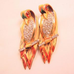 Sterling Coro Craft Duette Enameled Parrots Pin/ Fur