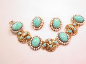 Imitation Turquoise and Pearl West German Bracelet and Earrings Set