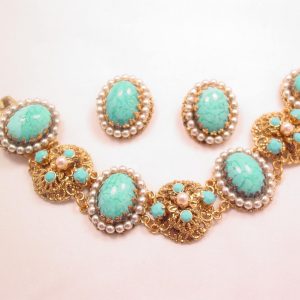 Imitation Turquoise and Pearl West German Bracelet and Earrings Set