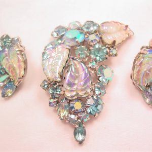 Beautiful Light Blue Leaf Rhinestones Pin and Earrings Set