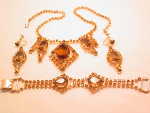 Smoky Brown and Topaz-Colored Rhinestone Necklace, Bracelet and Earrings