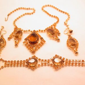 Smoky Brown and Topaz-Colored Rhinestone Necklace, Bracelet and Earrings