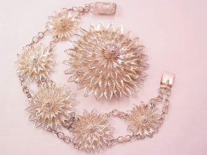 Handmade Silver Filigree Flower Pin and Bracelet Set