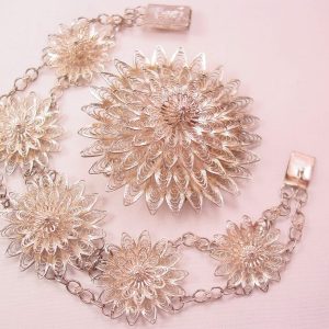 Handmade Silver Filigree Flower Pin and Bracelet Set