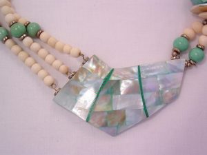 Lee Sands Style Light Blue Mother of Pearl and Wood Necklace