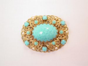 Turquoise-Colored Rhinestone and Filigree Oval West Germany Pin