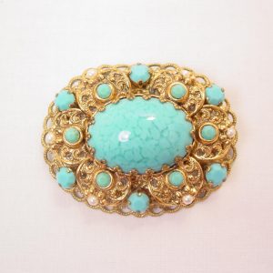 Turquoise-Colored Rhinestone and Filigree Oval West Germany Pin