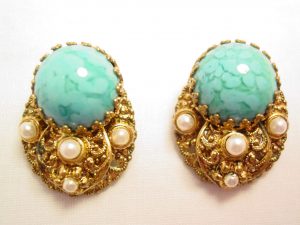 Turquoise-Colored West Germany Filigree Earrings