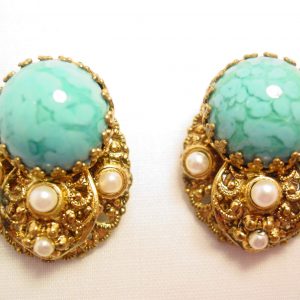 Turquoise-Colored West Germany Filigree Earrings